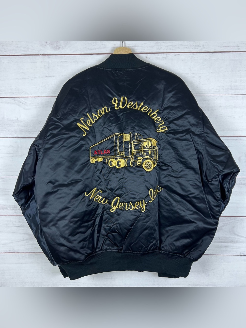 Vintage 90s Atlas Van Lines Satin Bomber Jacket Size XXL Mens Black Embroidered